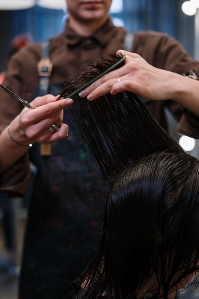 Close-up of a hairstylist cutting wet hair in a professional salon.